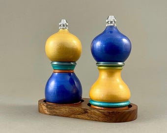 Hand Turned Wooden Salt and Pepper Grinder Set with Tray