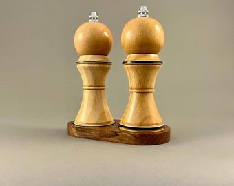 Hand Turned Wooden Salt and Pepper Grinder Set with Tray