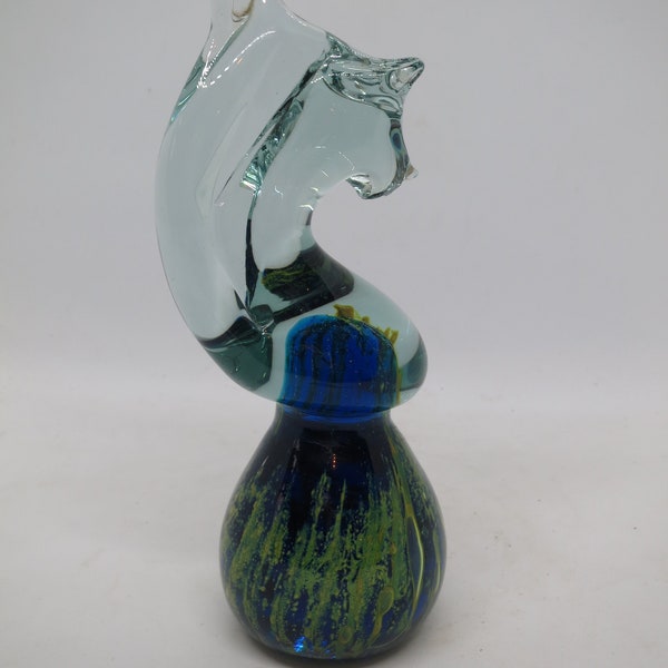 Mdina Seahorse Blue Green and Clear Art Glass Paperweight or FIgurine