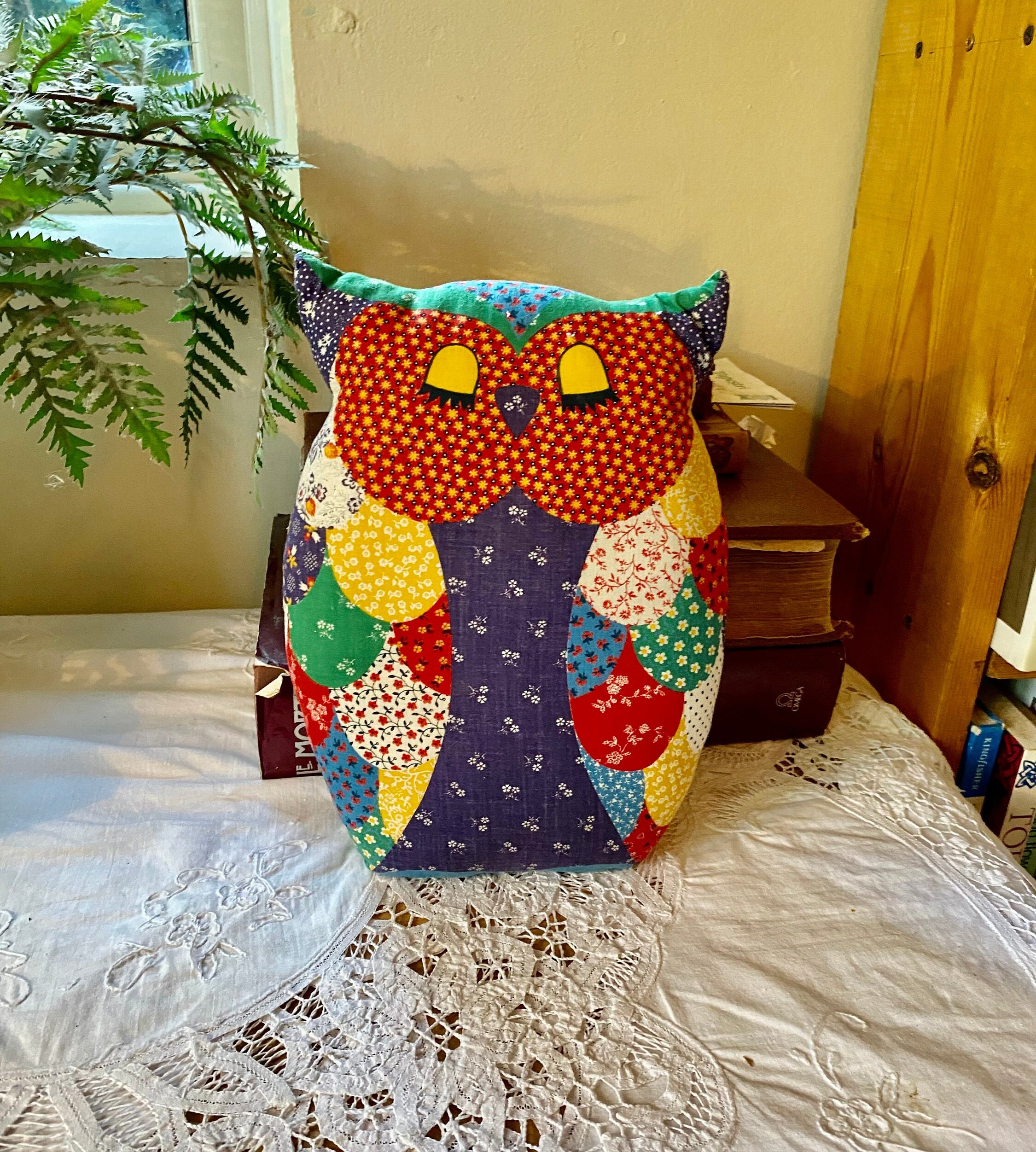 Vintage Patchwork Style Owl Cushion Colourful Rustic Decor