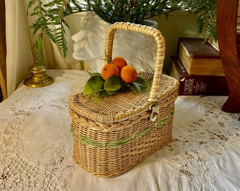 Wicker Basket Handbag with Decorative Oranges Summer Picnic Hamper Style Bag