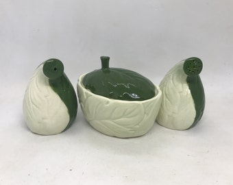 Unusual Carlton Ware Green Leaf Design Cruet Set Vintage Hand Painted Salt and Pepper Shaker Set Art Nouveau Style