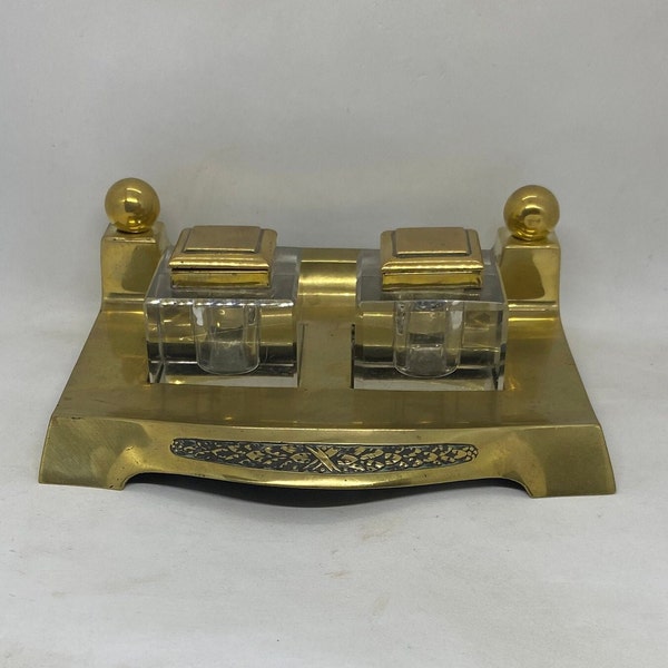 Antique Brass Art Deco Desk Set with Two Glass Inkwells Made in Germany
