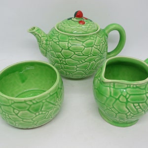 Vintage 1950's Tea Set with Green Leaf Design and Red Cherry Motif