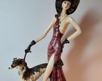 Amilcare Santini Alabaster Sculpture of Woman with Borzoi