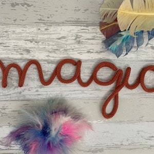 Magic sign in Brick colour , Knitted wire word, Tricotin sign, French Knitting wall decor