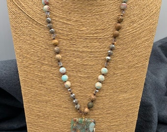 Fashion 8mm jasper blue beads crystal long knotted beads necklace 18inches  recertangle stone pendant women&#39;s jewelry gift