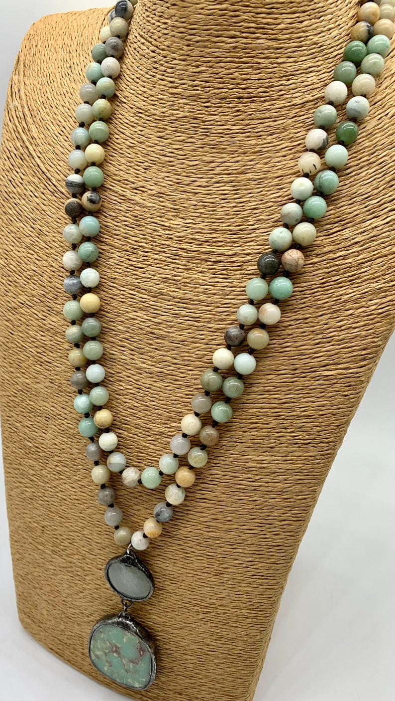 50 long hand knotted Amazonite stone beads necklace pendant woman jewelry gift image 7
