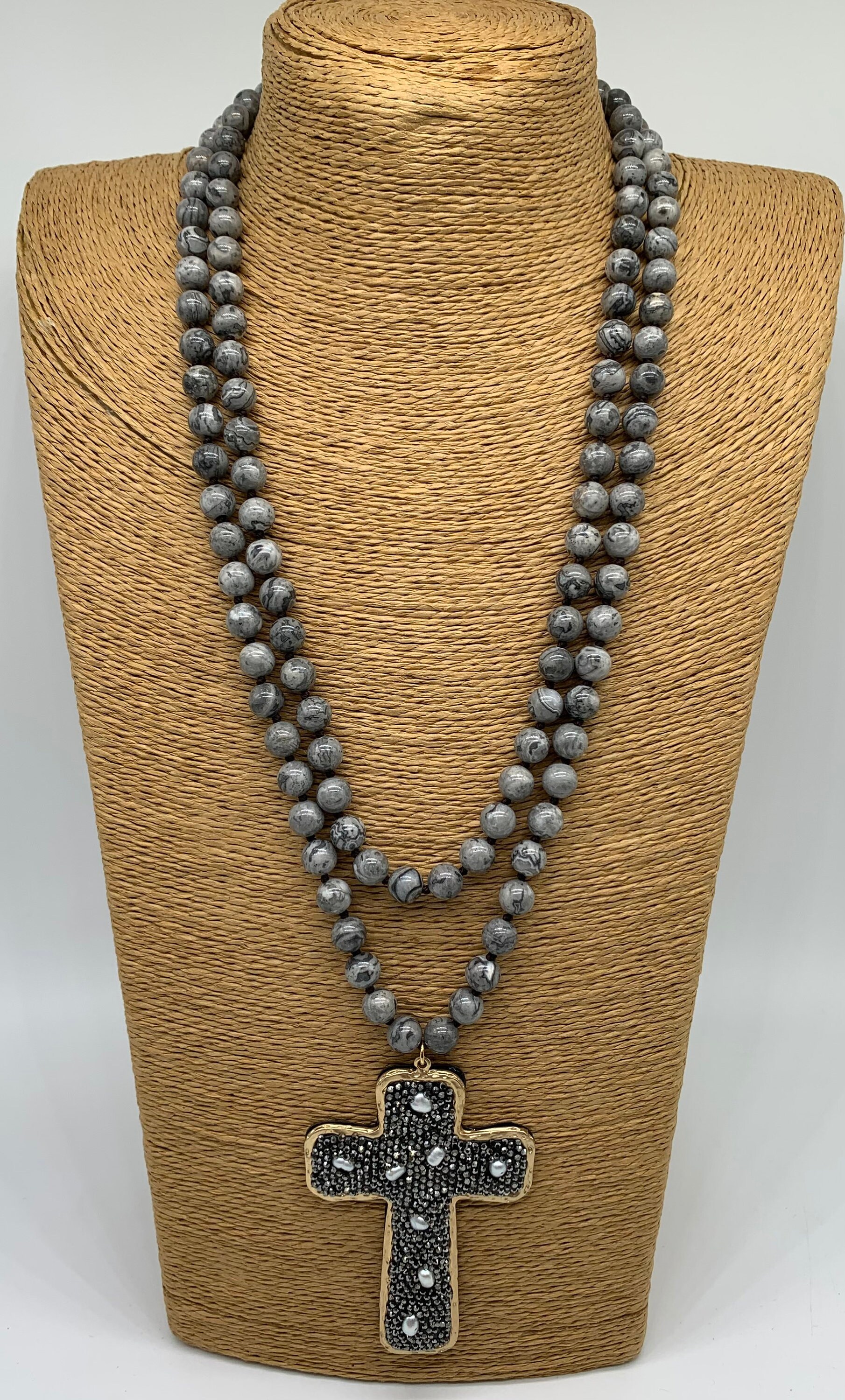 25’ long Hand knotted Gray stone stunning cross pendant woman faith life necklace holiday gift