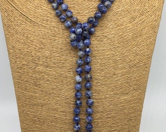 Free Shipping Fashion Long Knot 8mm Beads Blue sodalite Beads Necklace Handmade