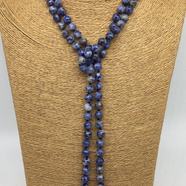 Free Shipping Fashion Long Knot 8mm Beads Blue sodalite Beads Necklace Handmade