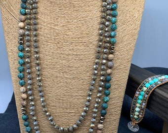 Fashion 29” crystal long knotted beads necklace 18” 8mm Jasper green beaded necklace multilayer bracelet set mother's day gift
