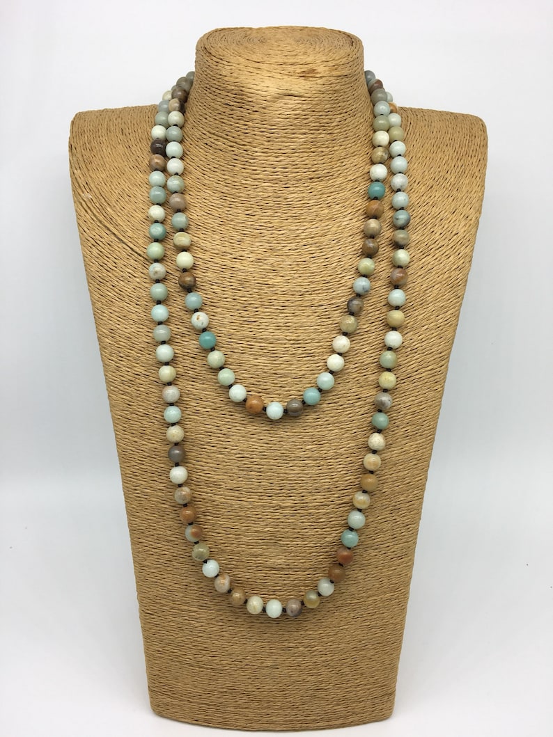 Fashion 8mm Amazonite Long Knotted Beads Necklace Beaded Etsy
