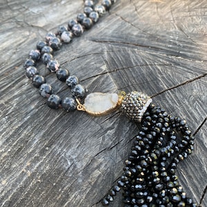 Knotted Black Beaded Necklace with Crystal Tassel Pendant