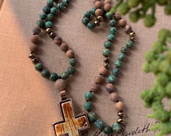 Fashion 18“ 8mm green stone n jasper knotted beads cross pendant necklace women's jewelry gift