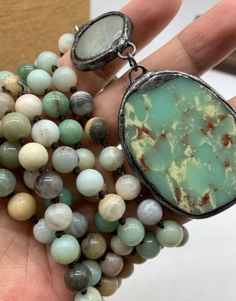 50 long hand knotted Amazonite stone beads necklace pendant woman jewelry gift image 8