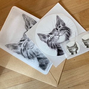 1x Schmunzelkater "Probier-Set" mit 1 Postkarte, 1 großem und 2 kleinen Stickern