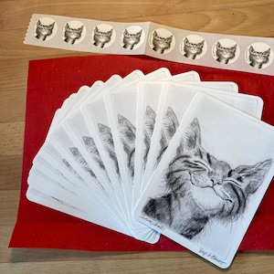 Set 12x Postkarte Schmunzelkater, handsigniert, plus 1x 8 Sticker, Ø 3 cm, diese Katze macht gute Laune