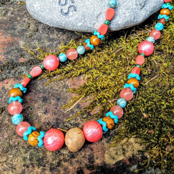 Necklace, Original design, Beaded Jewelry, Coral and Turquoise colors, 21 in necklace, Art Deco, Hawaiian, Ocean Collection, unisex, choker