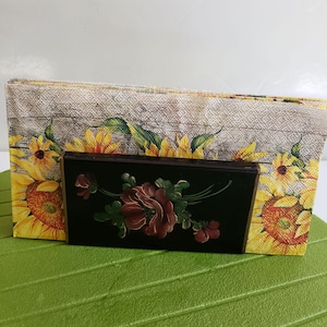Vintage Metal Napkin Holder, Hand painted, 1950’s, Shabby Chic, Black with floral design letter holder