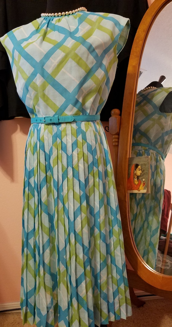 Sale! Vintage 1950's Plaid dress, Blue and Green … - image 3