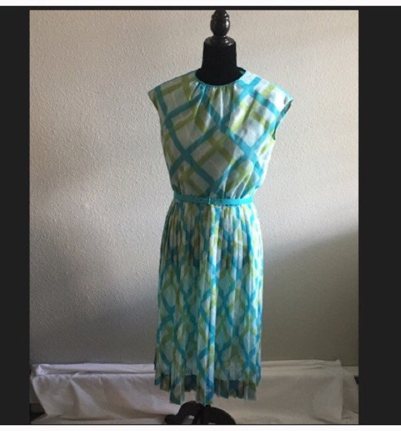 Sale! Vintage 1950's Plaid dress, Blue and Green … - image 1