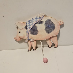 Vintage pig décor, dancing big wooden pig with moving parts, Pig Collectors