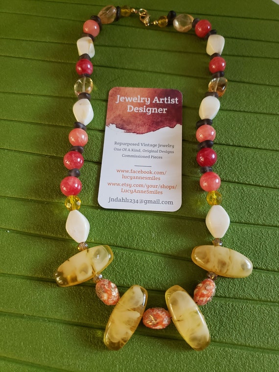 Orange and Yellow Beaded Slat Necklace Original One of A Kind Jewelry Design Artist Piece Repurposed Vintage Jewelry