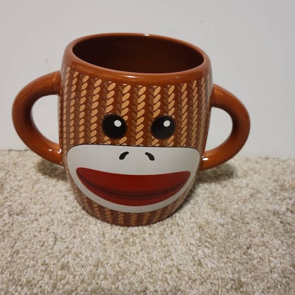 Vintage mug, double handle sock monkey mug, ceramic mug,  Galeria mug