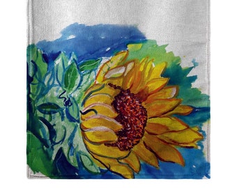 May include: A watercolor painting of a sunflower with yellow petals and a brown center. The sunflower is surrounded by green leaves and a blue and green background.