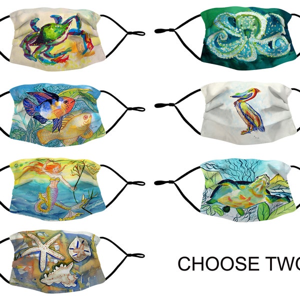 CHOOSE TWO Coastal and Beach Themed Face Covid Washable Reusable Fabric Masks Crab Fish Mermaid Shells Octopus Pelican Sea Turtle