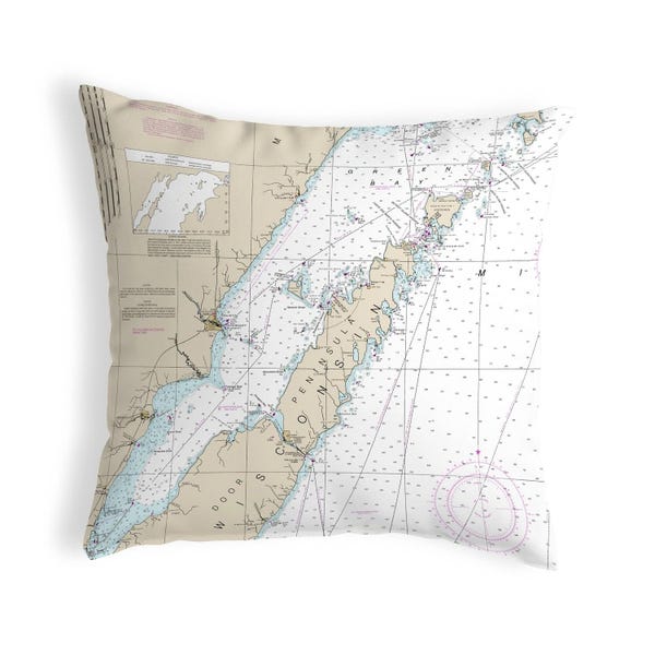 Door County, Green Bay, WI Nautical Map Noncorded Indoor/Outdoor Pillow