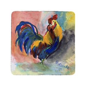 May include: A colorful rooster painting on a square coaster. The rooster features a vibrant mix of blue, yellow, and red hues. The background has a watercolor effect with shades of pink, blue, and gray. The artist's signature is in the bottom right corner.