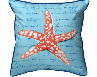 Starfish on Teal Script - Indoor/Outdoor Colorful Coastal Beach Sea Themed Corded Throw Pillow - Coral