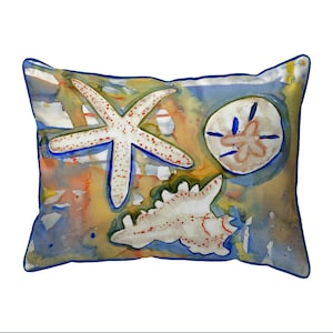 May include: Rectangular pillow with a watercolor design featuring a starfish, sand dollar, and seashell. The design has a blue border and a background of blue, yellow, and orange hues, evoking a beach theme.