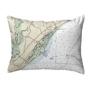 May include: A nautical chart pillow featuring a detailed map of Murrells Inlet, South Carolina. The pillow is white with a beige background and features blue and green waterways, brown land masses, and black text labels. The map includes the text "Murrells Inlet", "Garden City", and "2 P R 30ft Priv".
