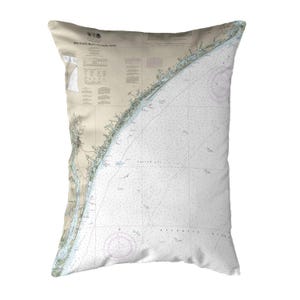 May include: A decorative throw pillow featuring a nautical chart of the New River Inlet to Cape Fear coastline. The chart is printed in shades of blue, green, and brown on a white background. The pillow is made of a soft, comfortable fabric and is perfect for adding a touch of coastal style to any room.