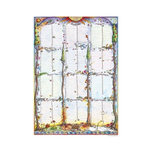 May include: A colourful illustrated wall calendar with a whimsical design featuring trees and animals. Each month is represented by a different tree with a unique design. The calendar is ideal for keeping track of appointments and events.