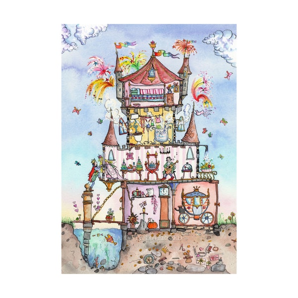 GICLEE PRINT Cut Thru Princess Palace by Amanda Loverseed A4, A3, A2. Quirky Art Illustration Picture - Childrens Gift for the home Present