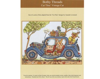 Cut Thru Vintage Car Cross Stitch Kit by Bothy Threads. Illustration by Amanda Loverseed. Sewing Needlework Craft Gift Stiched Picture Sew