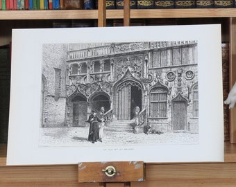 An Old Bit at Bruges- Victorian Steel Engraving, Black and White Wall Art