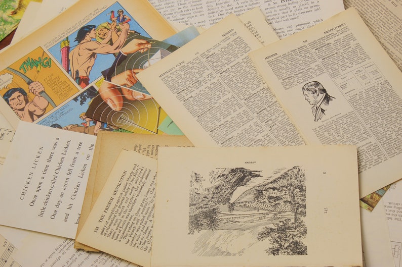 May include: A collection of vintage paper ephemera, including a comic book page with a drawing of a man with a bow and arrow, a page from a dictionary with the word "MERMAID'S" highlighted, and a page from a book with a drawing of a landscape.
