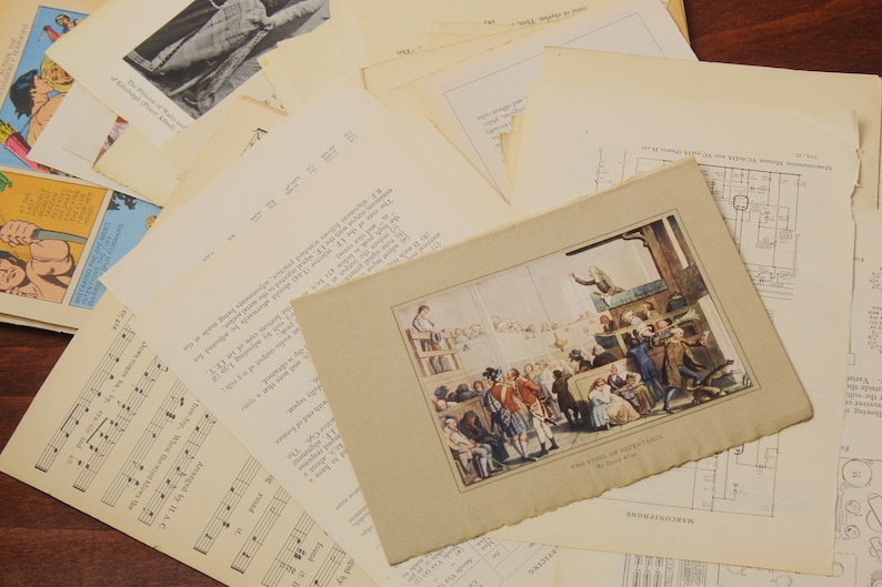 May include: A vintage illustration of a courtroom scene with people in period clothing. The illustration is printed on cream-coloured paper with a rough edge. The text below the illustration reads "The Court of King's Bench, By George Cruikshank."