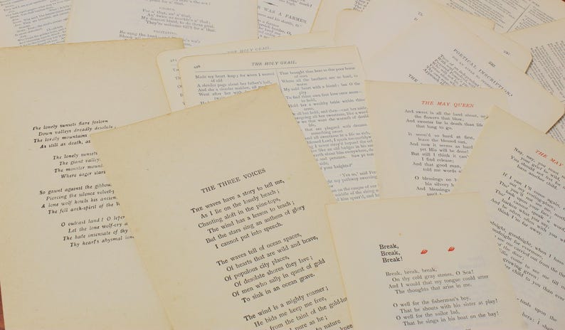 May include: A collection of vintage paper scraps with handwritten poetry and text. The paper is cream colored and has a distressed, aged look. The text includes poems titled "The Three Voices" and "The May Queen".