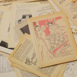 May include: A stack of vintage paper pages with text and illustrations. The top page features a black and white illustration of a bed with a checkered blanket and three people in the bed. The text on the page reads "WILE STORIES 43".