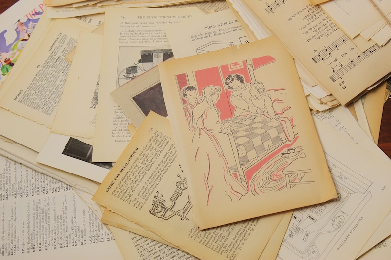 May include: A stack of vintage paper pages with text and illustrations. The top page features a black and white illustration of a bed with a checkered blanket and three people in the bed. The text on the page reads "WILE STORIES 43".