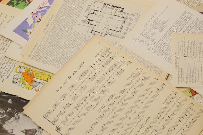 May include: A collection of vintage sheet music featuring the songs "Baa Baa Black Sheep", "Lucy Locket", and "Bye-Bye Baby". The music is printed on aged paper with black ink.