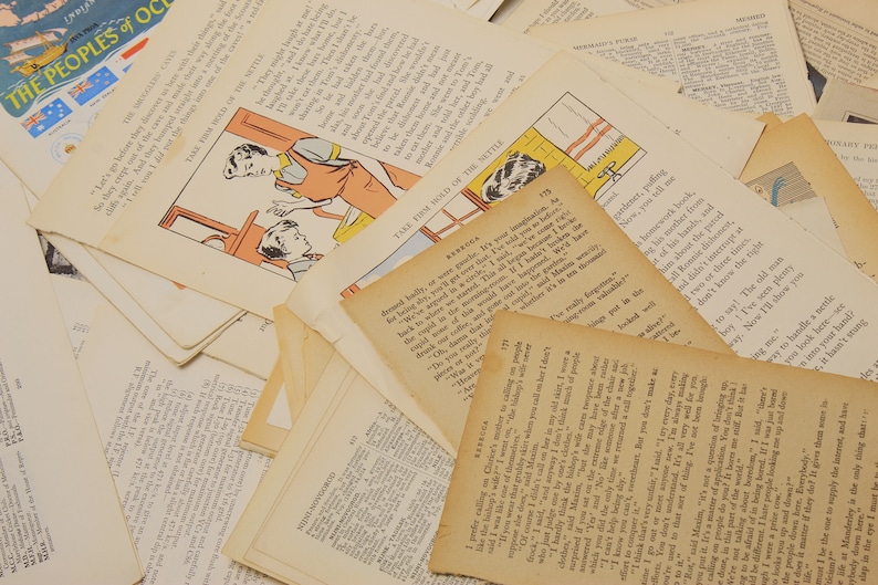 May include: A pile of old, yellowed, and worn paper pages with text and illustrations. The pages are stacked on top of each other, creating a chaotic and random arrangement. The pages are all different sizes and shapes, and some have been torn or ripped. The text on the pages is mostly illegible, but some words can be made out, such as "Take Fire Bold of the Nettle" and "The Peoples of Oceania".