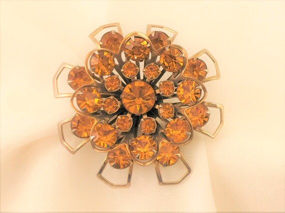 Vintage Amber Rhinestone Brooch - 1950's Atomic S… - image 3