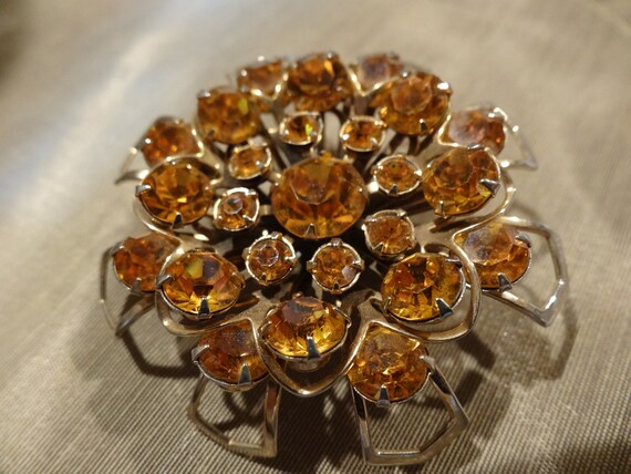 Vintage Amber Rhinestone Brooch - 1950's Atomic S… - image 1